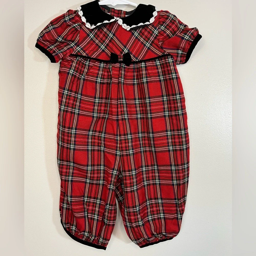 Youngland Red Christmas Plaid Baby Romper w Black Velvet Collar and Bow 3-6 mo